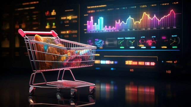 E-commerce Metrics Futuristic Background for Online Retail Analytics. Dynamic data visualization, charts, and graphs presenting insights into digital commerce trends and performance.