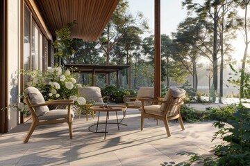 Fototapeta premium dining room and patio are covered with glass doors that open to a wooden pergola