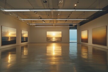 large art room with different shots of a sun setting in the middle - obrazy, fototapety, plakaty