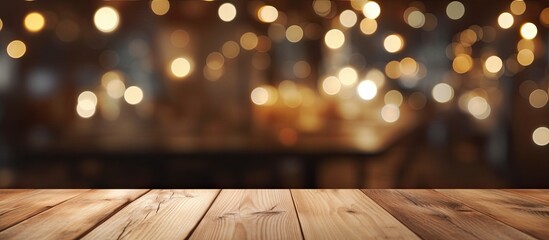 A wooden table is placed in a setting with blurred, glowing lights shining in the background, creating a warm and inviting ambiance