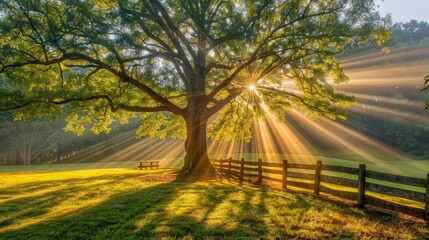  Sun brightly shining through trees, field with fence & tree in foreground