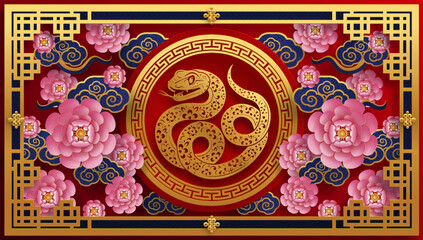 Happy chinese new year 2025 year of the snake with flower,lantern,asian elements red and gold traditional paper cut style on color background. (Translation : happy new year 2025 the snake zodiac )
