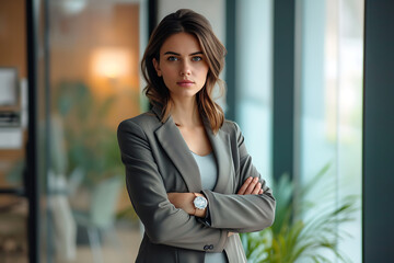 Fototapeta premium Self-assured businesswoman with folded arms standing in a stylish office, embodying confidence and corporate elegance