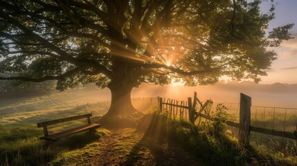  A foggy day, the large tree's branches shelter a wooden bench from direct sunlight - obrazy, fototapety, plakaty