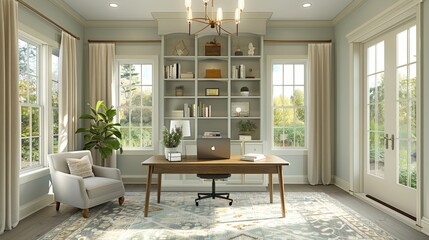 light green and amber home office with shelves and a desk and laptop,   - obrazy, fototapety, plakaty