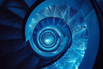 Neon blue spiral stairs with a core of glowing fibers, looking like a portal to another dimension