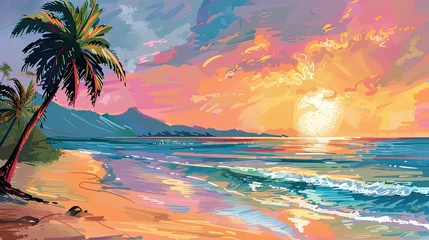 Gordijnen tropical island beach sunset drawing illustration ocean sea palm trees © Jane Bright
