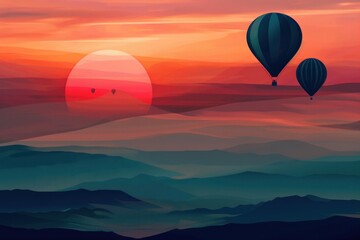 landscape of hot air balloons against the sunset