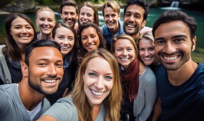 Colleagues of various racial backgrounds taking a selfie together