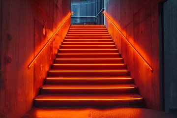 Neon orange stairs with a pixelated effect, reminiscent of retro video games