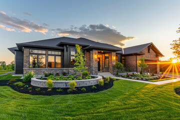 Contemporary home exterior as day breaks, showcasing green grass, brick, and stacked stone design amidst well-kept landscaping. Warm and inviting in fresh morning light.