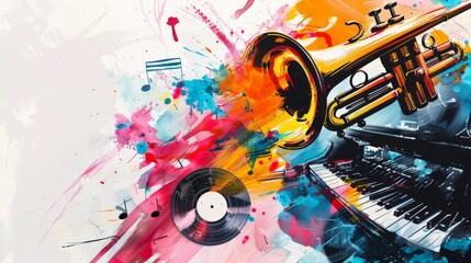 Musical background with trumpet and keyboard, piano and musical notes  