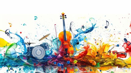 splash of color with violin, drum and music notes flying in air, copy space