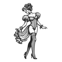 vintage pin-up clown girl wearing a corset and stockings, in a classic pose sketch engraving generative ai fictional character vector illustration. Scratch board imitation. Black and white image. - 770045556