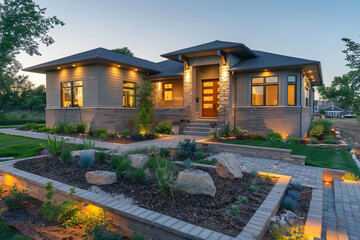 Contemporary home facade in the golden hour before sunset, with warm light on meticulously...
