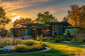 Contemporary home in emerald green, bathed in sunrise golden glow. Elegant landscaping highlighted...