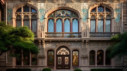 Panoramic view of the facade of a building in the park