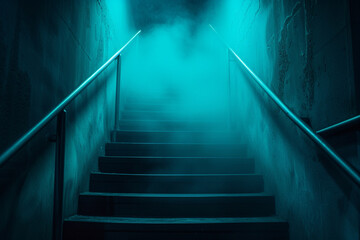 Neon turquoise stairs with a shadowy mist, giving an ethereal feel