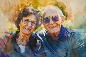 happy elderly couple in the sun watercolor painting with watercolor effect on the man