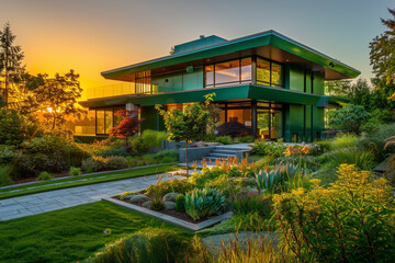 Contemporary home in emerald green, bathed in sunrise golden glow. Elegant landscaping highlighted...