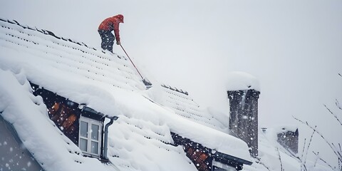 Snow being cleared off a house roof on a winter day for safety and cleanliness. Concept Winter Safety, Snow Removal, House Maintenance, Roof Cleaning, Cold Weather Maintenance