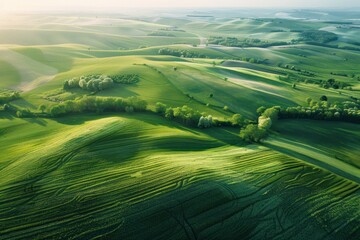 Aerial view of green fields and rolling hills