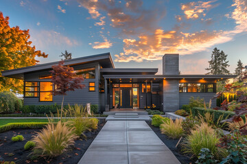 Contemporary home with deep gray exterior, highlighted by golden morning sunlight, precise landscaping, inviting entrance, captured in stunning detail. - obrazy, fototapety, plakaty