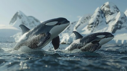  orcas jumping to the surface of the blue sea, snow capped mountains - obrazy, fototapety, plakaty