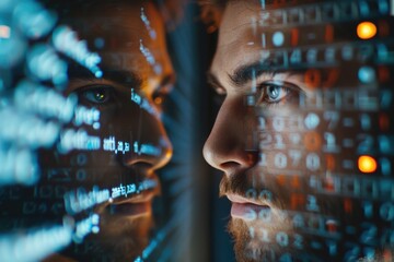 male programmer staring at monitor screen close up with code reflecting on his face