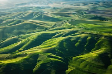 Aerial view of green fields and rolling hills
