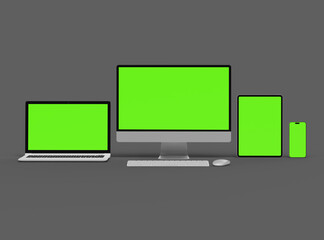 3d render of desktop, laptop, smartphone and tablet on a dark background