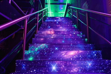 Stairs illuminated by neon purple and green lights, with a pattern of stars and galaxies