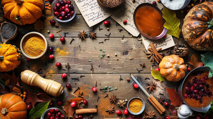 Collection of Handwritten Thanksgiving Recipes and Ingredients - obrazy, fototapety, plakaty