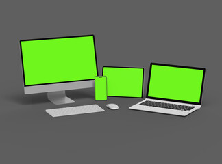 3d render of desktop, laptop, smartphone and tablet on a dark background