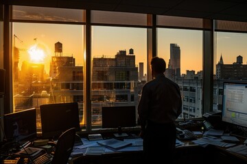 A man in his office looking out the window at sunset