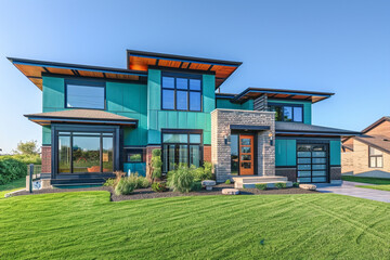 Contemporary house exterior at noon, vivid teal facade under high sun. Lush green lawn, mix of brick, stacked stone, and strategic landscaping, under a cloudless sky. - obrazy, fototapety, plakaty