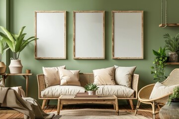 3 empty frame mockups on the wall of an elegant modern living room with green walls