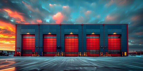 Exterior of a large industrial warehouse with a loading dock ramp and entry gate for shipping and distribution. Concept Industrial Warehouse, Loading Dock, Shipping Gate, Distribution Center - obrazy, fototapety, plakaty