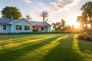 Cool elegance of light blue home at sunset, shadows lengthening across lush green lawn. Modern...