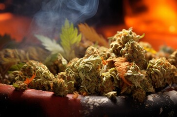 Close Up of Marijuana Buds, Leaves on Black Orange Background	
