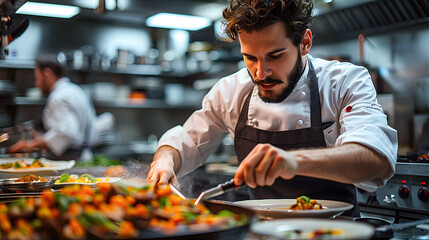 Man Preparing Food on Plate in Kitchen. Generative AI - obrazy, fototapety, plakaty