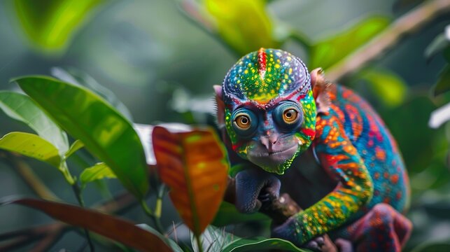 A monkey with colorful skin in rainbow colors