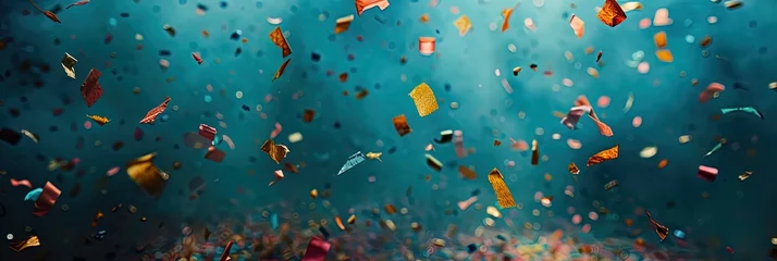 Fotobehang Close-up of golden confetti falling gracefully against a black backdrop capturing the magic and ex © Jūlija
