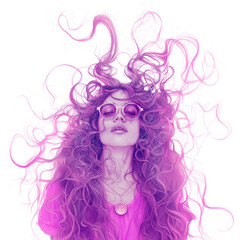 Fototapeta premium Retrato ilustrado de chica hipee en tono magenta sobre fondo transparente