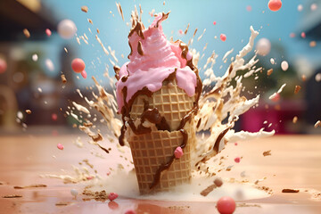 Ice cream in waffle cone with splashes and drops on table