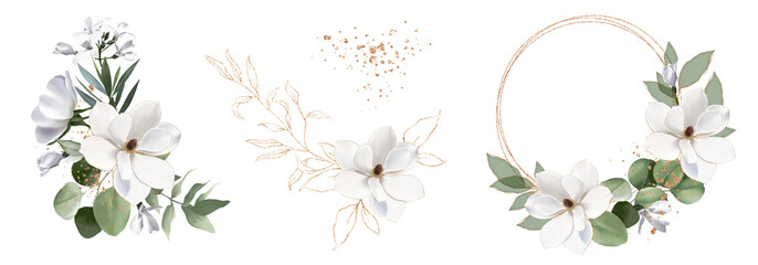 Set of Watercolor flowers wreath with white roses, magnolia, eucalyptus branches. Floral frame with gold line, splashes, green leaf for invitation wedding, print, illustration, wallpaper, background. © Olga.And.Design