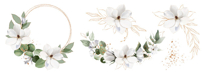 Watercolor wreath set with white roses, magnolia, eucalyptus branches. Floral frame with gold splashes, leaf for wedding greetings. Flower greenery composition. Hand painted spring Botanical bouquet © Olga.And.Design