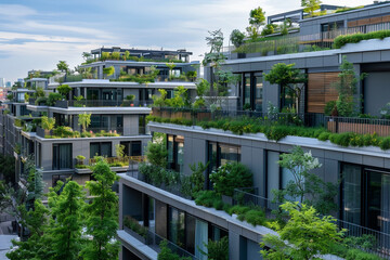A sustainable mixed-use development with residential units, retail spaces, and a communal rooftop garden.