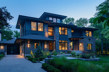 During the serene blue hour, a modern charcoal grey home stands out against lush green surroundings. Brick, stone, and precise landscaping create an inviting ambiance. - obrazy, fototapety, plakaty