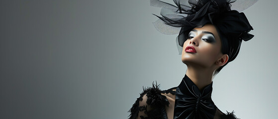Woman in black dress and hat, elegance, fashion model
